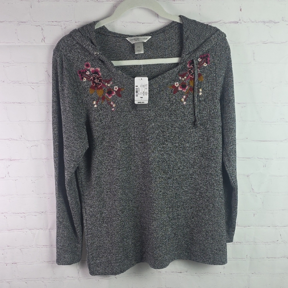 Christopher & Banks Gray Hoodie with Floral Embroidery